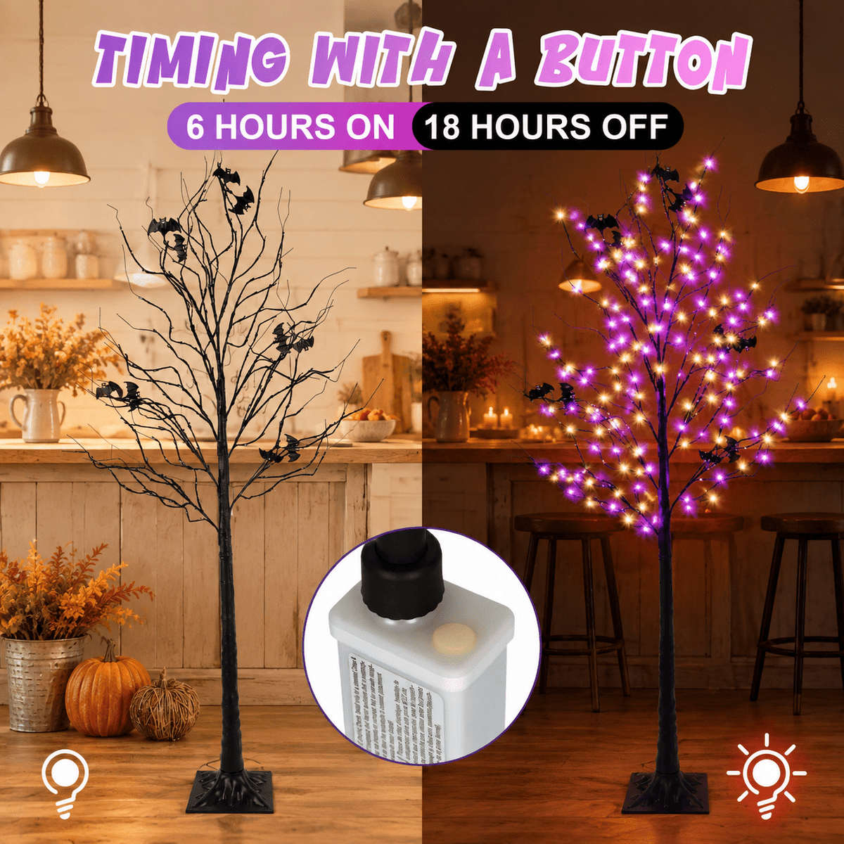 Lighted Tree With 260 Led Lights 6ft Black Timer 8 Modes Dimmable Web & Bats Diy Indoor Outdoor Decorations