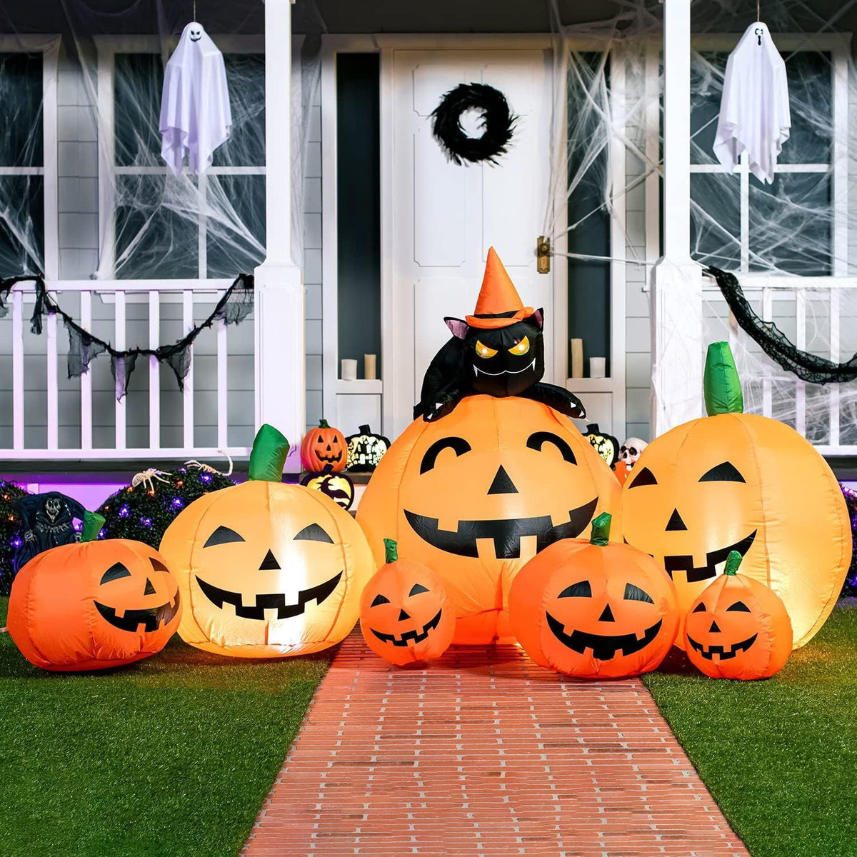 Inflatable Pumpkin with Witch's Cat and LED Lights for Outdoor Halloween Yard Decor
