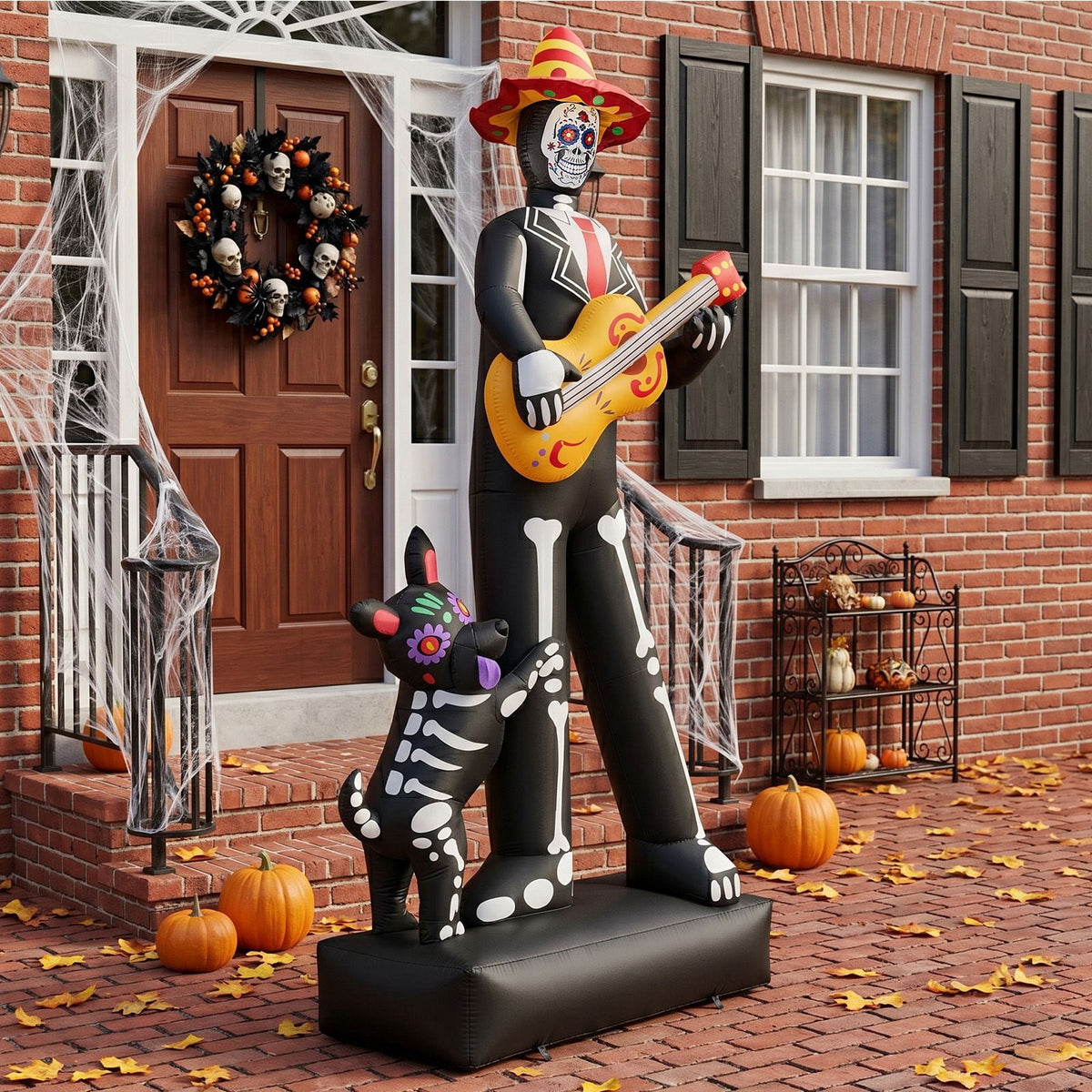 7.3FT Inflatable Ghost Musician with Puppet 6 LED Lights Black Orange Halloween Yard Decor