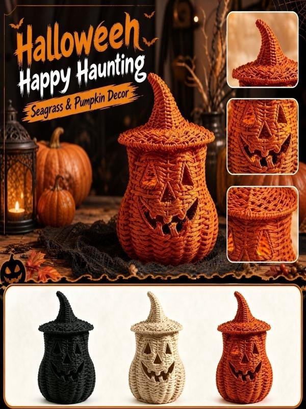 Lighted Halloween Table Centerpiece, Witch Hat Pumpkin Lamp, Black Woven Rattan Halloween Decor Indoor, Glowing Tabletop Decoration for Party Home