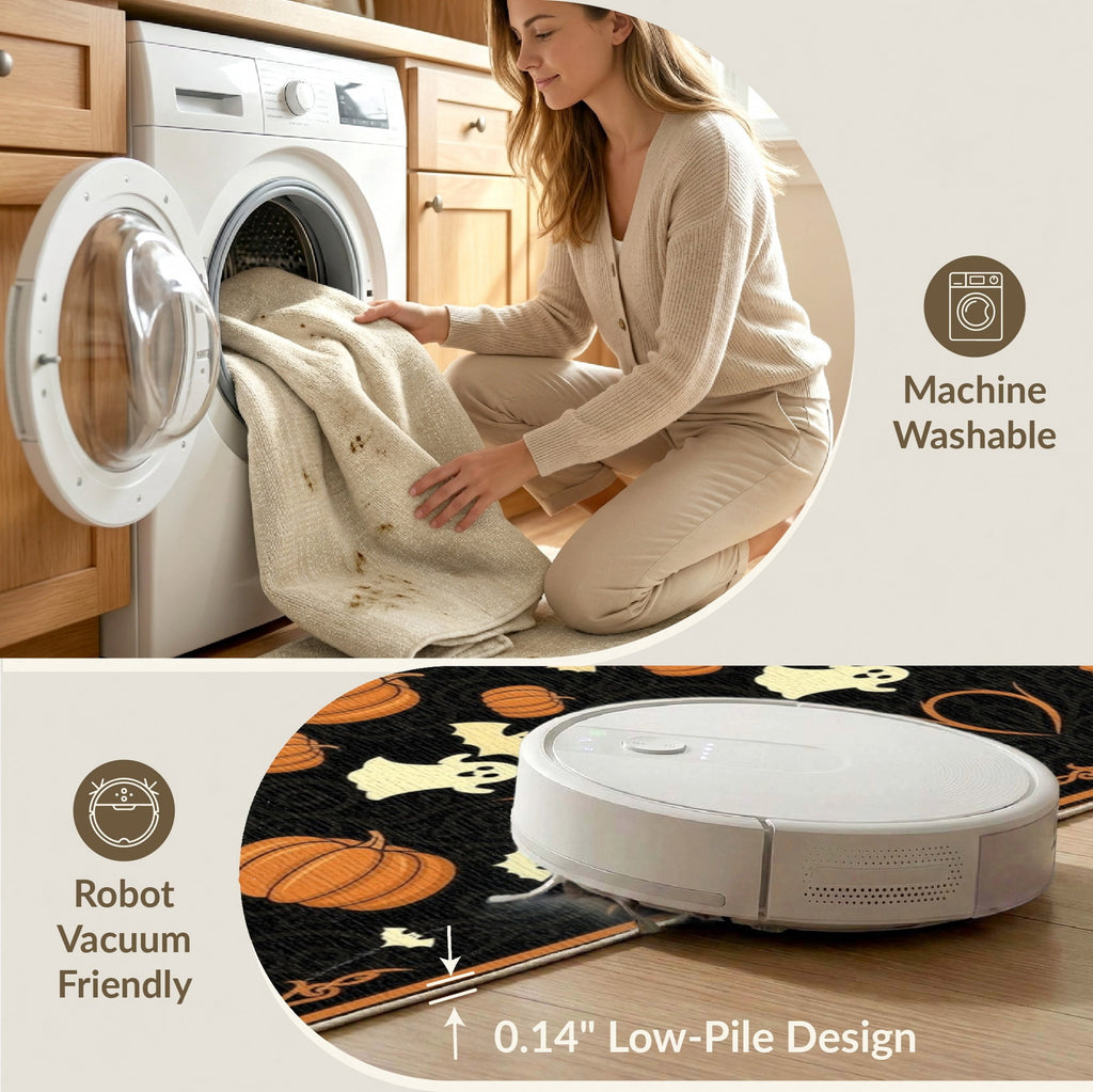 ODIKA Retro Halloween Welcome Featuring Ghosts Pumpkins Bats Skulls Non-Slip Flatwoven for Living Room, Under Sectional, Family