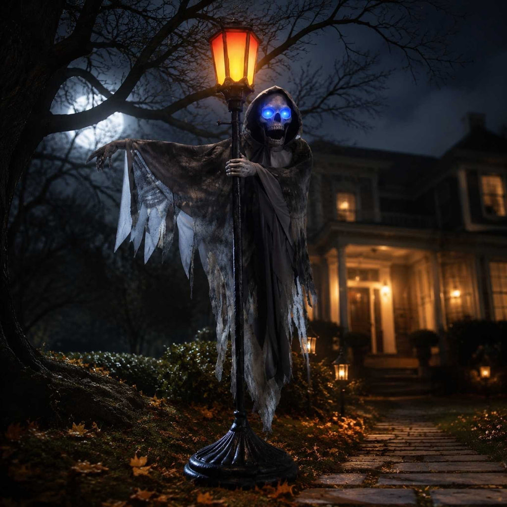 Outdoor Halloween Decorations Gaslight Ghoul, 79" Tall Hanging Skeleton Holding Street Light with Creepy Blue Eyes, Tattered Robe Ghost Decor for Yard Patio Walkway, Front Porch, Road