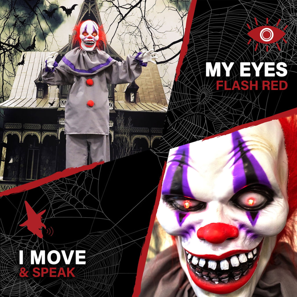 Haunted Hill Farm Animatronic 4.6-Ft. Swinging Clown with Lights and Sound, Indoor or Covered Outdoor Halloween Decoration