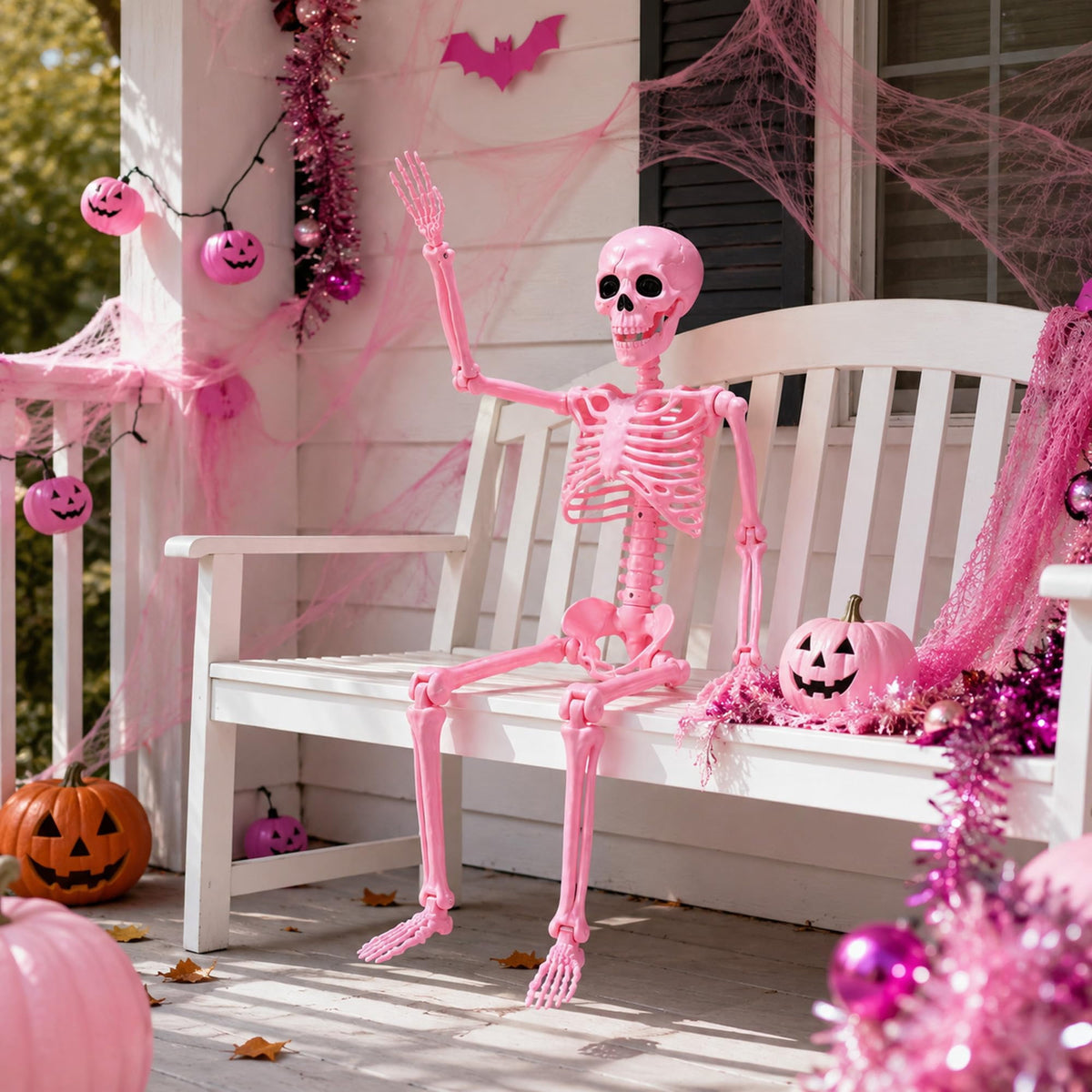 EBaokuup 5.5 ft Halloween Skeleton Decoration, Pink Posable Skeleton Prop with Movable Joints