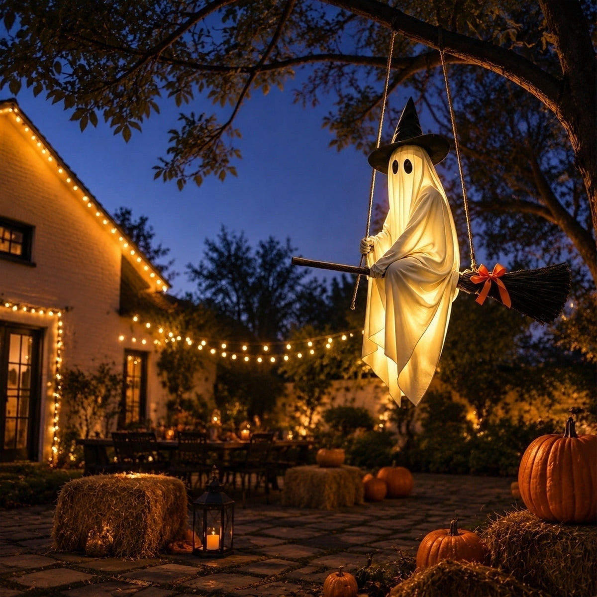 Flying Ghost Witch Broom Light, 43.3 in Halloween Hanging Decor with Remote for Yard Tree Porch Patio Party Display