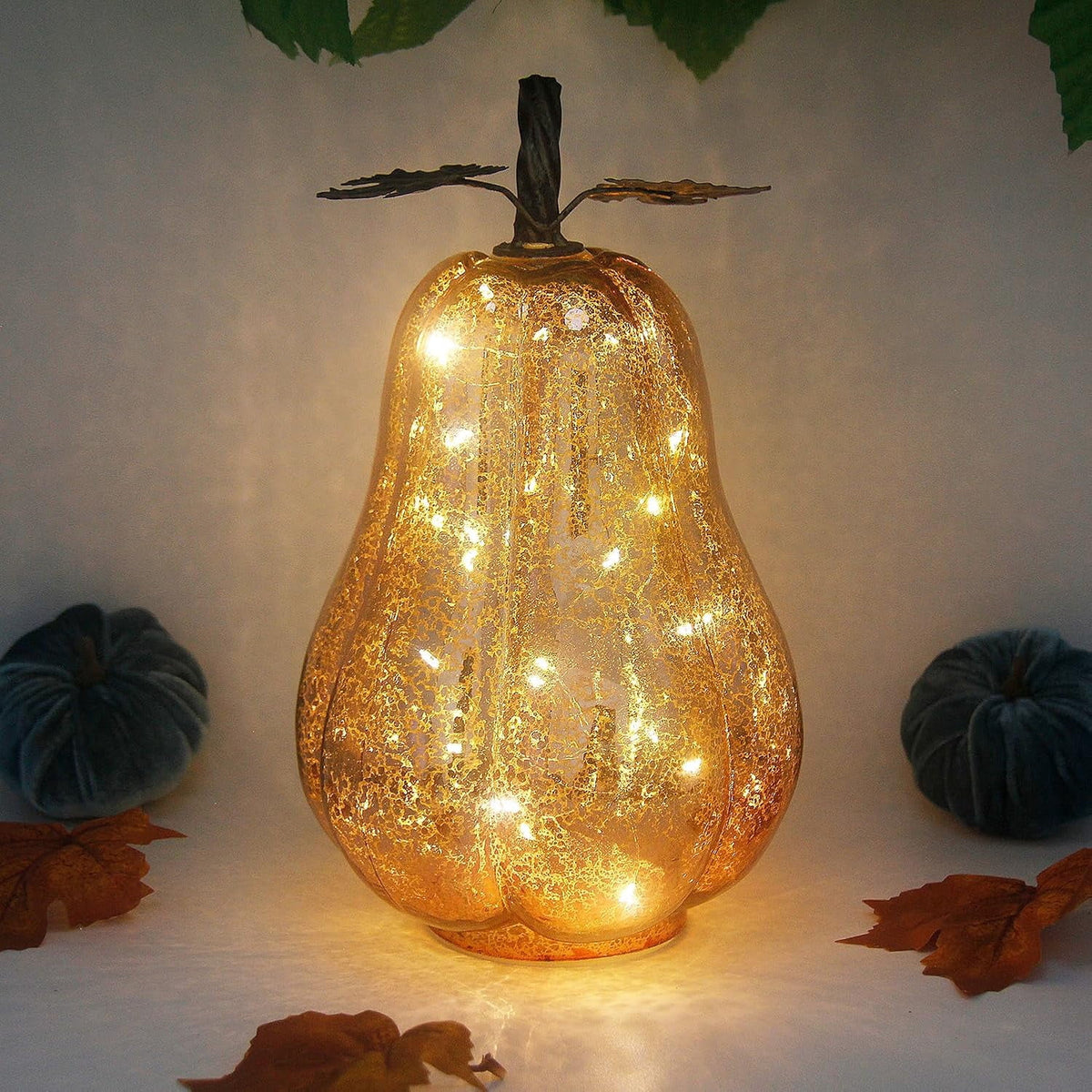Mercury Glass Pumpkin Lights with Timer, Battery Operated Led Pumpkin Lights for Halloween Fall,Thanksgiving Rustic Decor (Rosegold Leafy, 11")