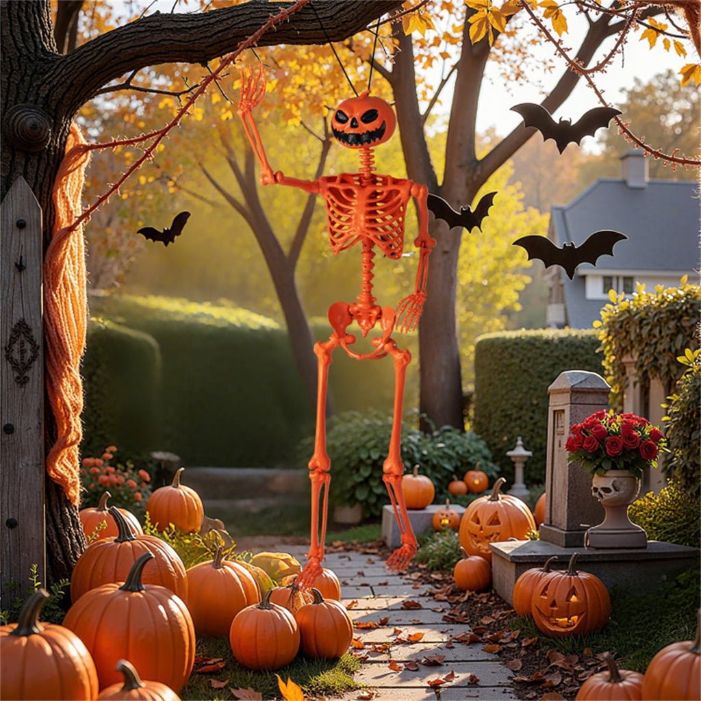 ECOBUY 5.5ft Life-Size Poseable Halloween Skeleton with Pumpkin Head, Orange Full-Body Realistic Decor, Movable Joints for Indoor & Outdoor Scary Display