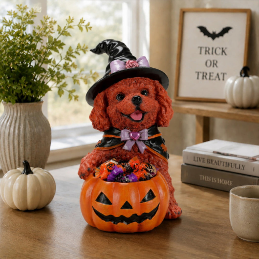 SpookHaven Halloween Jack‑O‑Lantern Pumpkin Mist Sprayer Figurine, LED Light‑Up Fogger with Witch Hat & Skull Decoration, Spooky Ornament for Tabletop Entryway Halloween Party Home Decor