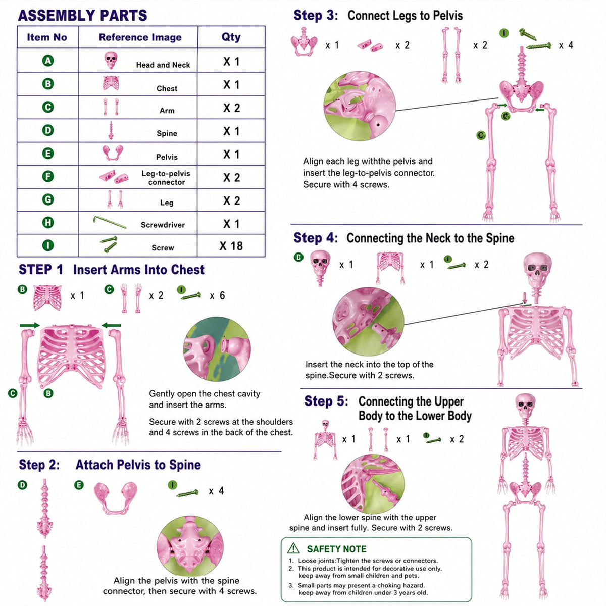 EBaokuup 5.5 ft Halloween Skeleton Decoration, Pink Posable Skeleton Prop with Movable Joints