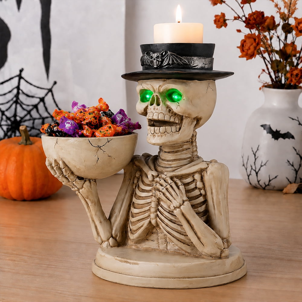 Halloween Skeleton Butler Floor Statue with Serving Tray & Black Cat, Resin Gothic Home Decor for Entryway Porch Living Room