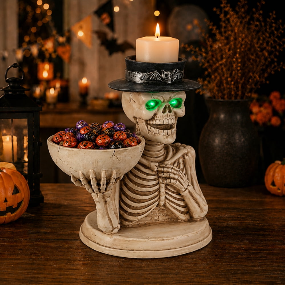 Halloween Skeleton Butler Floor Statue with Serving Tray & Black Cat, Resin Gothic Home Decor for Entryway Porch Living Room