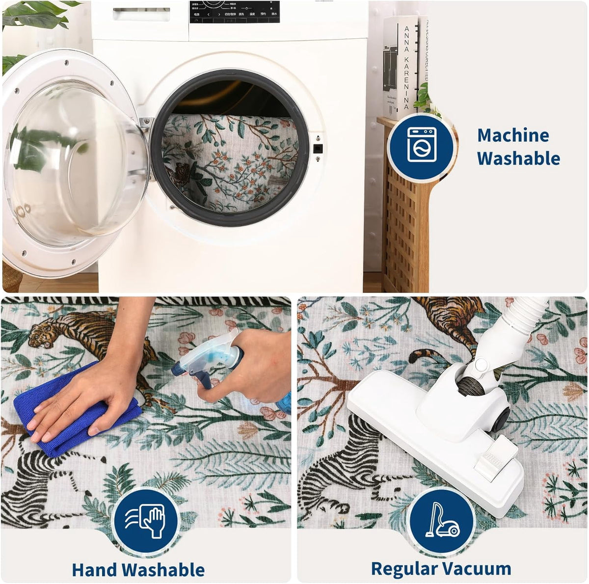 Large Jungle Animal Living Room Rug 10x13 Washable Forest Indoor Rugs for Bedroom Non Slip Foldable Low Pile Modern Floor Mat Stain-Resistant Neutral Carpet for Kids Playroom Dorm Nursery Black