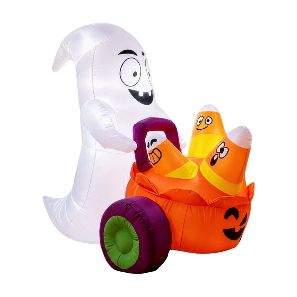 HHJZPR Halloween Inflatable Ghost Driving Pumpkin Cart Yard Decor, 59.06in Built-in LED Light Blow Up Candy Corn Pumpkin Trolley Outdoor Lawn Holiday Ornament