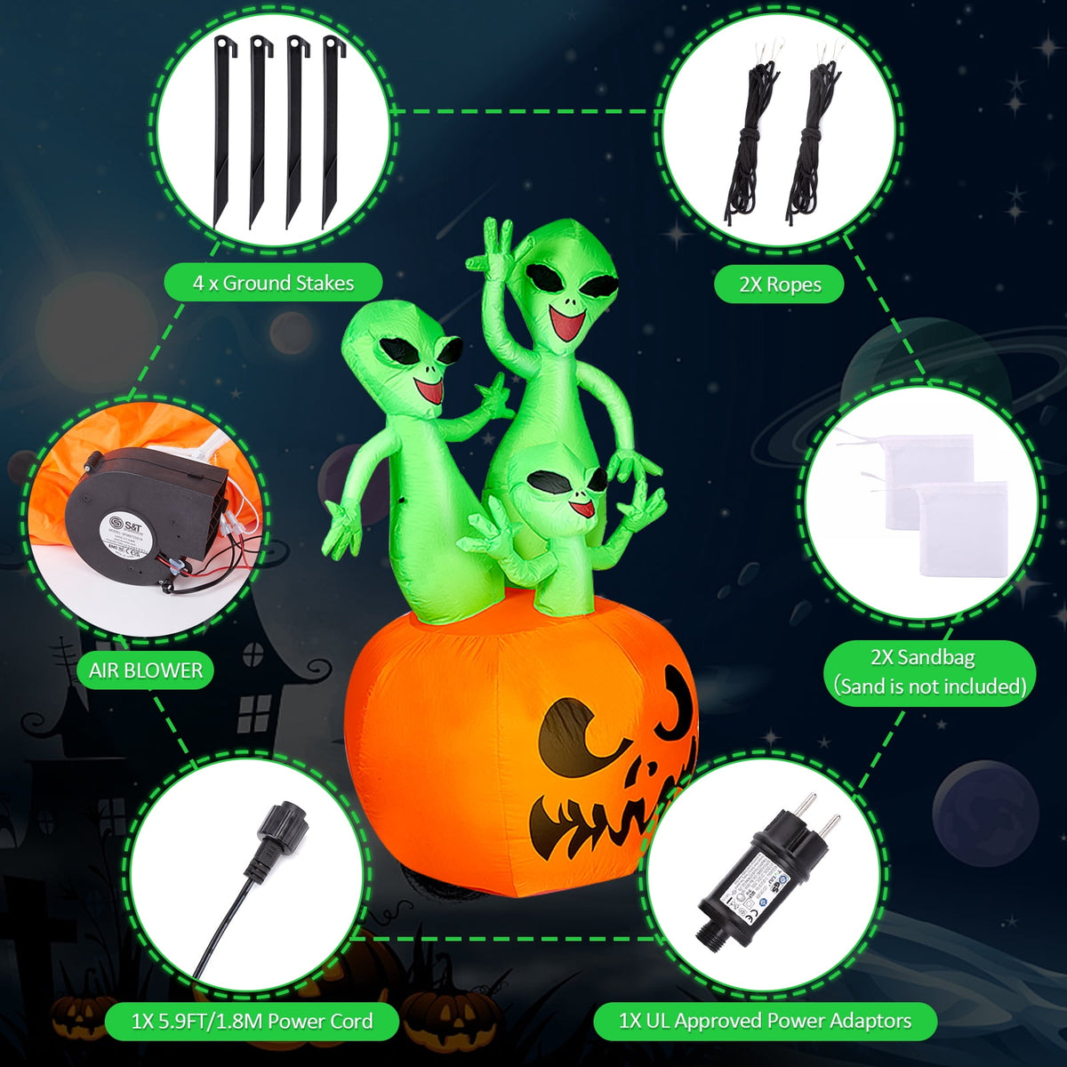 5.7FT Inflatable Halloween Inflatable Crawling Green Ghost with Tombstone Built-in LED Lights Inflatable LED Lights Blow Up Yard Decoration