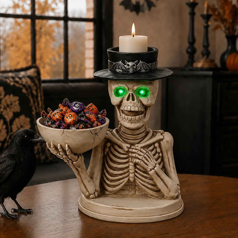 Halloween Skeleton Butler Floor Statue with Serving Tray & Black Cat, Resin Gothic Home Decor for Entryway Porch Living Room