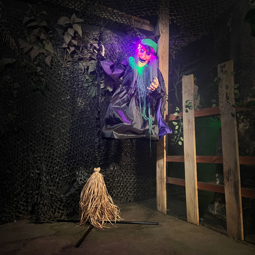 Haunted Hill Farm 6.0-Ft. Touch-Activated Mounted Flying Witch Halloween Animatronic