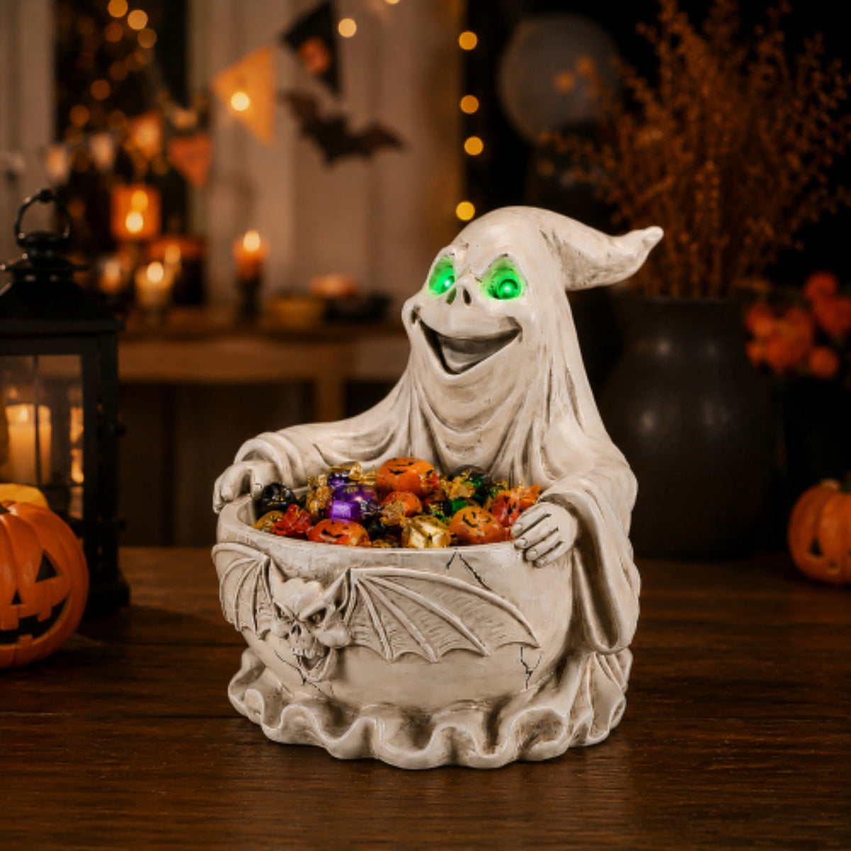 SpookHaven Halloween Jack‑O‑Lantern Pumpkin Mist Sprayer Figurine, LED Light‑Up Fogger with Witch Hat & Skull Decoration, Spooky Ornament for Tabletop Entryway Halloween Party Home Decor