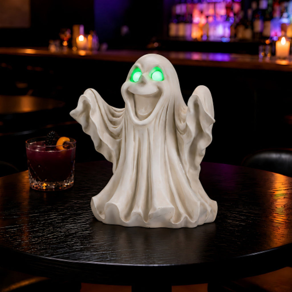SpookHaven Halloween Ghost Resin Figurine, Light‑Up Ghost Statue with LED Glowing Green Eyes for Spooky Tabletop & Haunted House Party Decor
