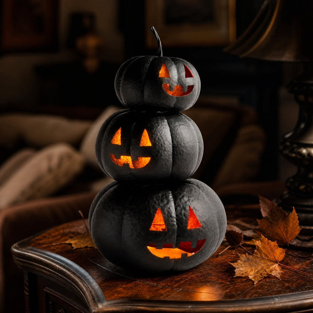 Halloween Lit Stacked Hammered Jack-O'-Lantern, 3 Tiers Black Jack O Lanterns Light up Pumpkins with LED Candles Decoration, Bundle Pre-lit Pumpkin Lights for Halloween Indoor Outdoor Yard Decor