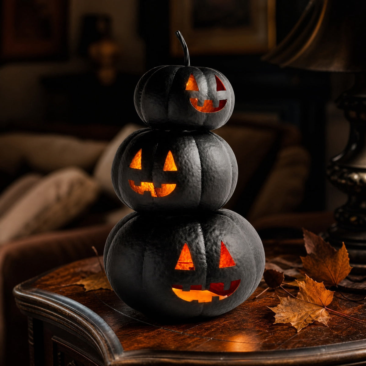 Halloween Lit Stacked Hammered Jack-O'-Lantern, 3 Tiers Black Jack O Lanterns Light up Pumpkins with LED Candles Decoration, Bundle Pre-lit Pumpkin Lights for Halloween Indoor Outdoor Yard Decor