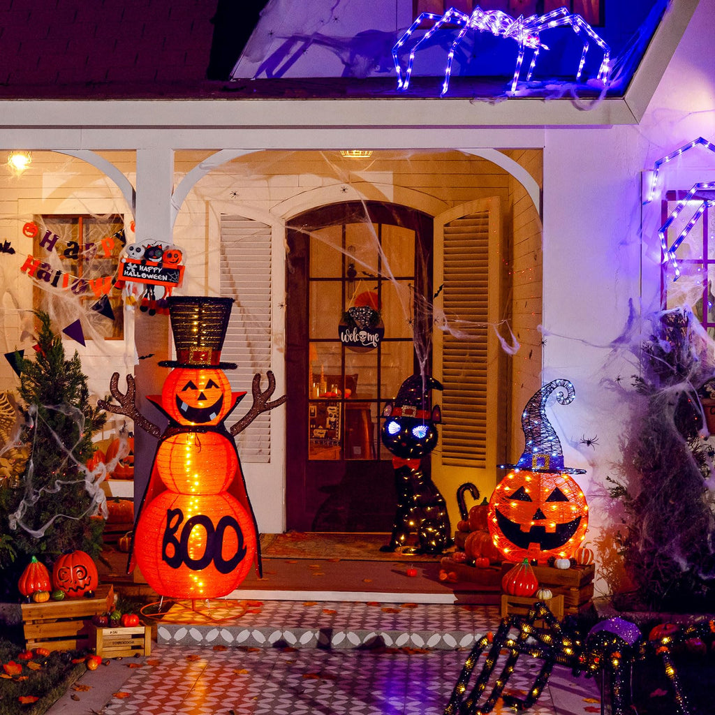 MARACOL 5FT Halloween Pumpkin Decorations Outdoor, 90 LED Pre-Lit Pop-Up Halloween Pumpkin Giant Collapsible Jack-o'-lantern Cute Pumpkin Decor with Cloak & Magic Hat for Outdoor, Yard, Porch