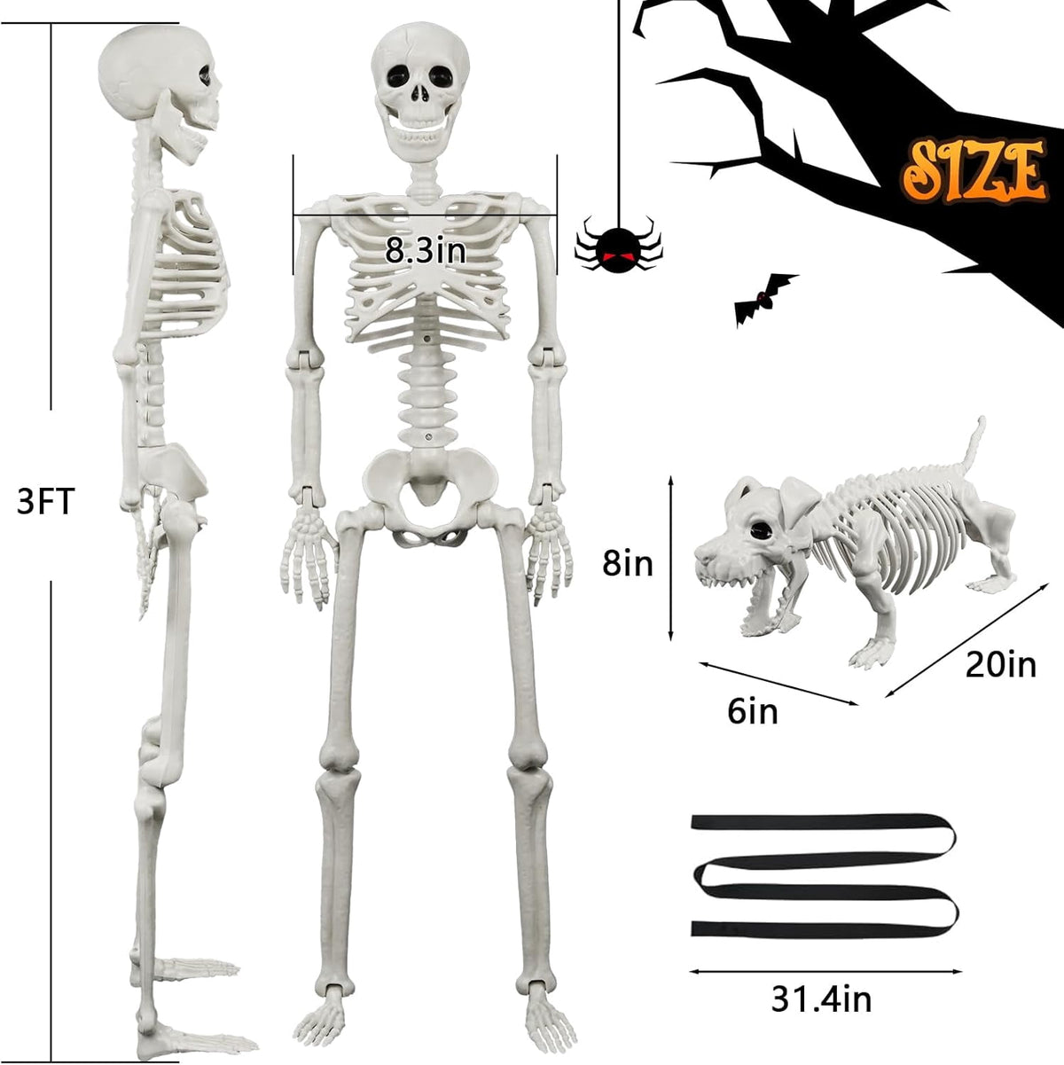 Lighted Human & Dog Skeleton Halloween Decorations Outdoor/Indoor - 36 Inch Realistic Full Body Movable Posable Skeleton Spooky Halloween Decor for Garden Yard Porch Party Haunted Graveyard