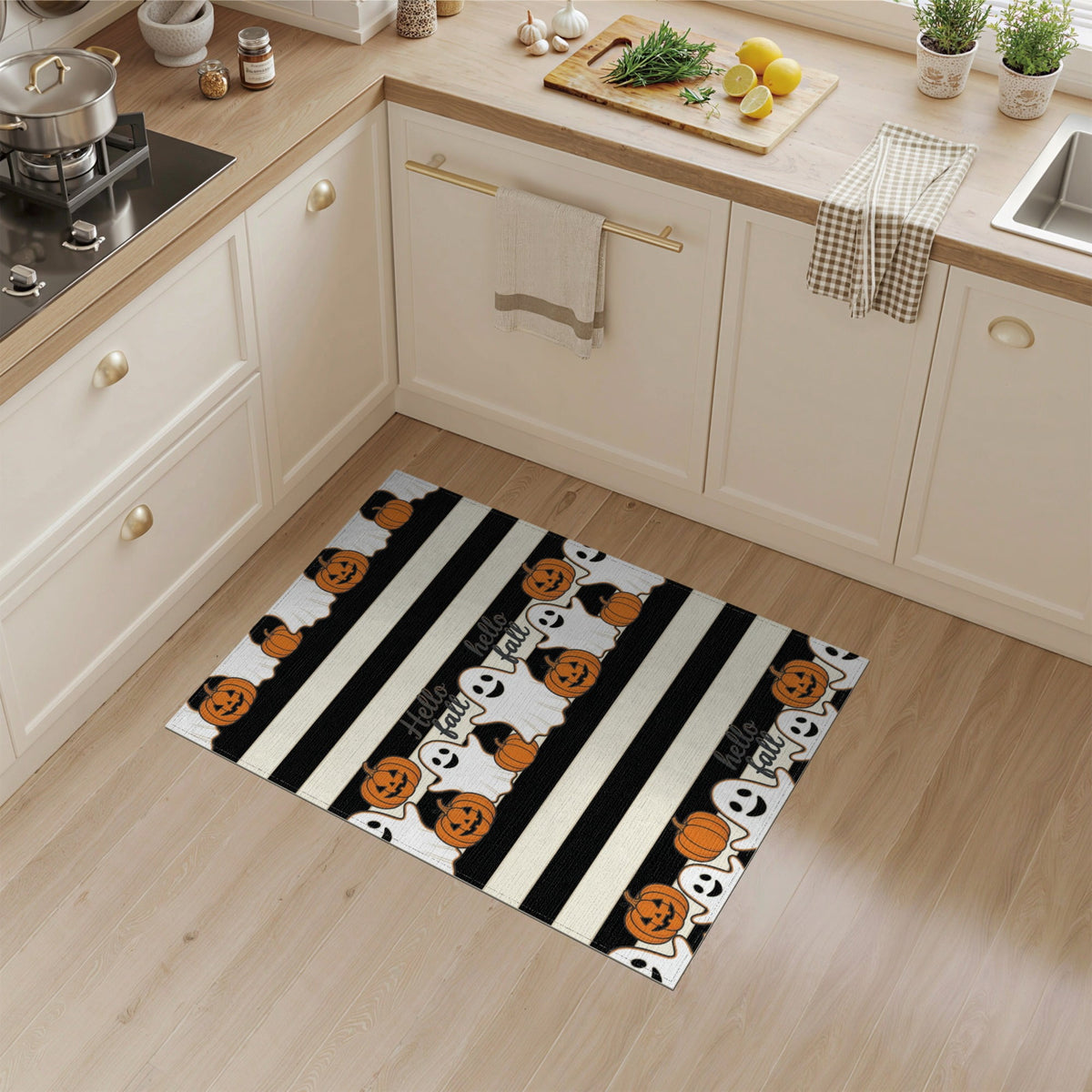 ODIKA Halloween Spooky Pumpkin Phantom Striped Entrance Door Doormat for Playroom, Bedroom, Reading Nook, Pet Friendly & Kids Safe Play
