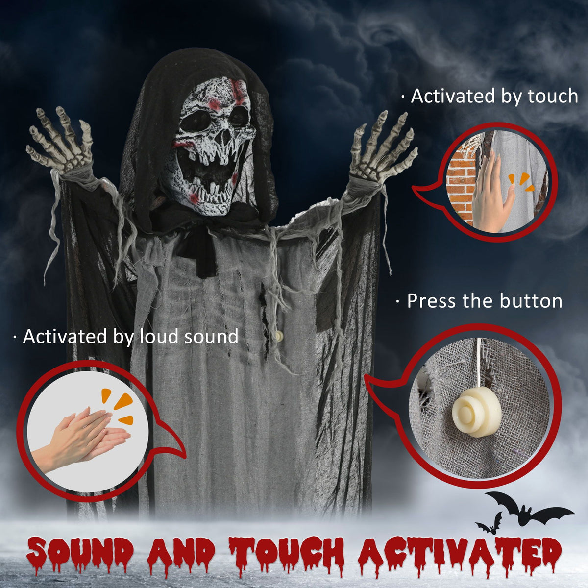 Halloween Decoration Animatronic Skeleton Witch, 74-Inch Motion Activated Outdoor Prop with Sound and Light, Grey Polyester