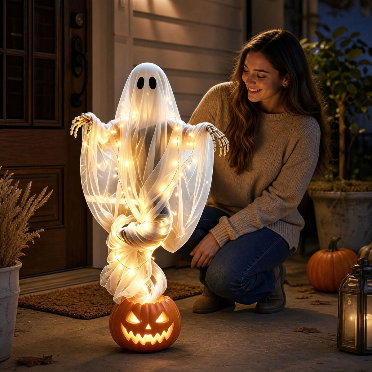 51 Inch Halloween Floating Ghost Pumpkin Light, Light-Up Gauzy Ghost with Skeleton Hands for Outdoor Yard, Porch, Patio, Spooky Party Displays, Events, and Gifts