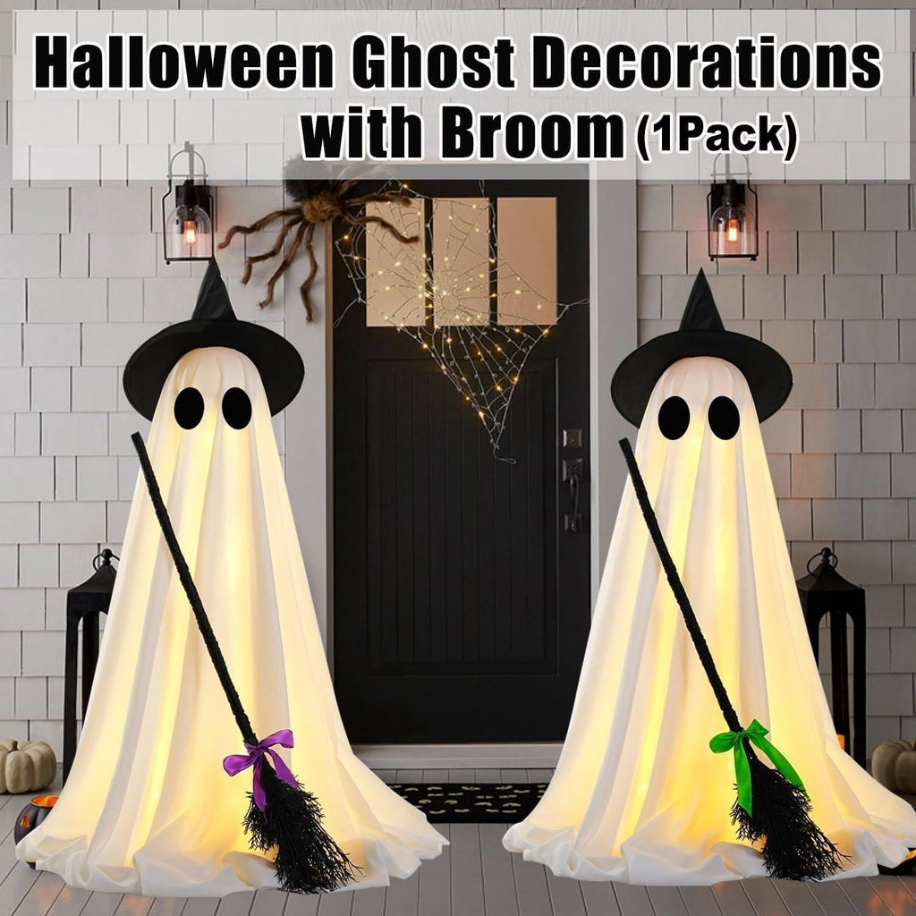 LED Light Up Ghost Decoration with Witch Broom and Timer for Halloween