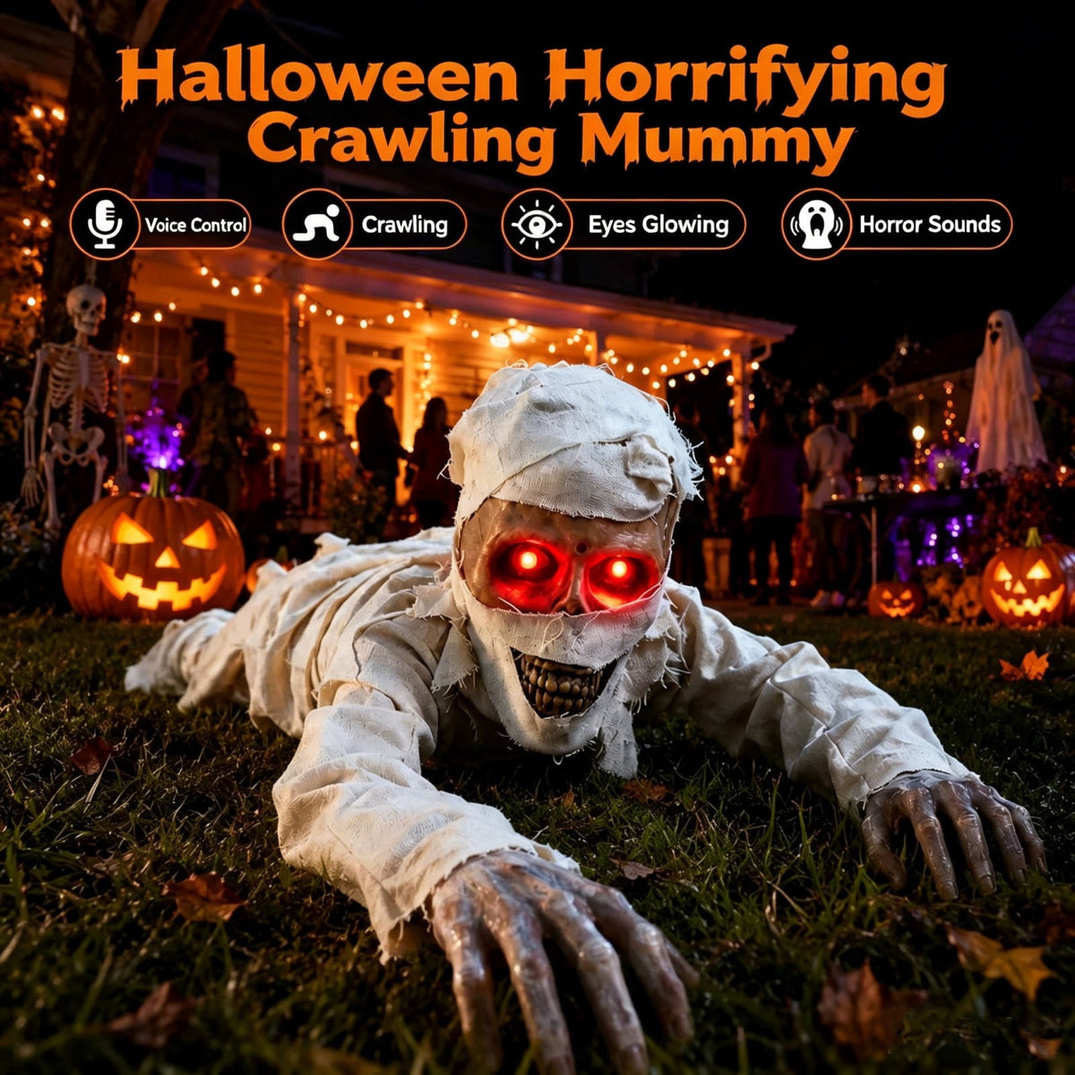 BZPIZ Realistic Skeleton Groundbreaker Halloween Decorations, Crawling Mummy Skull with Light Up LED Red Eyes and Creepy Sound for Graveyard Garden Lawn Indoor & Outdoor