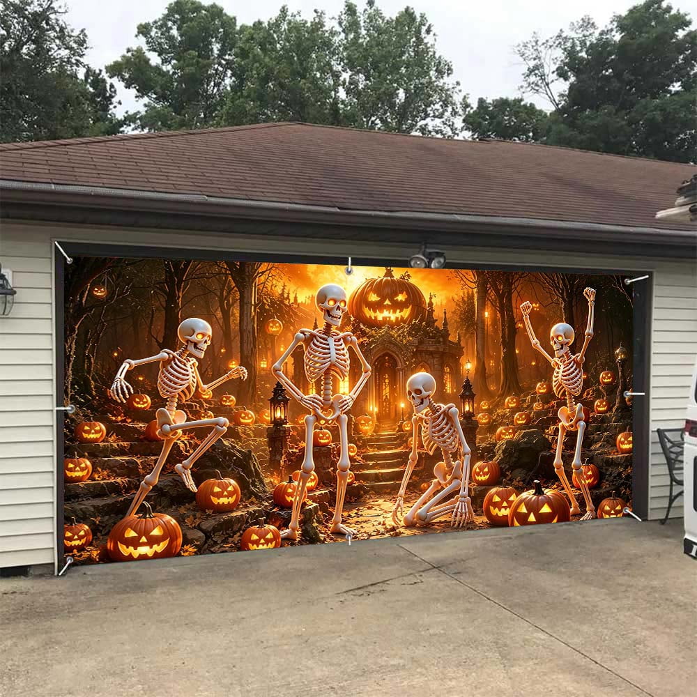 16X7ft Halloween Garage Door Cover Decorations, Spooky Skeletons Pumpkin Large Garage Wall Backdrop Hanging Banner for Halloween Yard Indoor Outdoor Party Decor