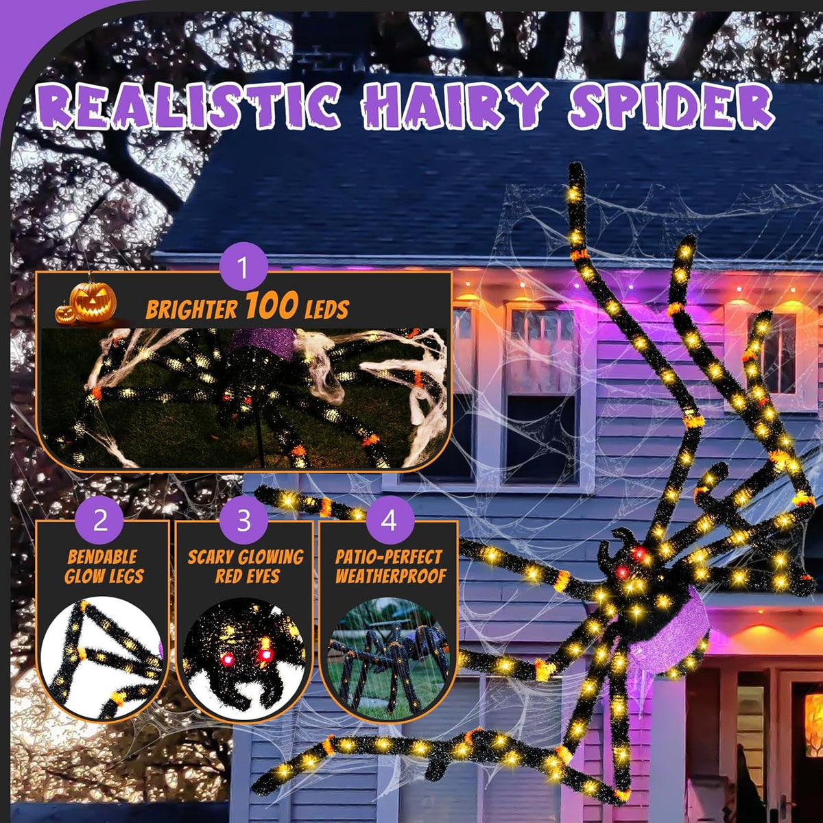 5.5FT Giant Spider Halloween Decorations with 100LED, Pre-Lit Scary Spider