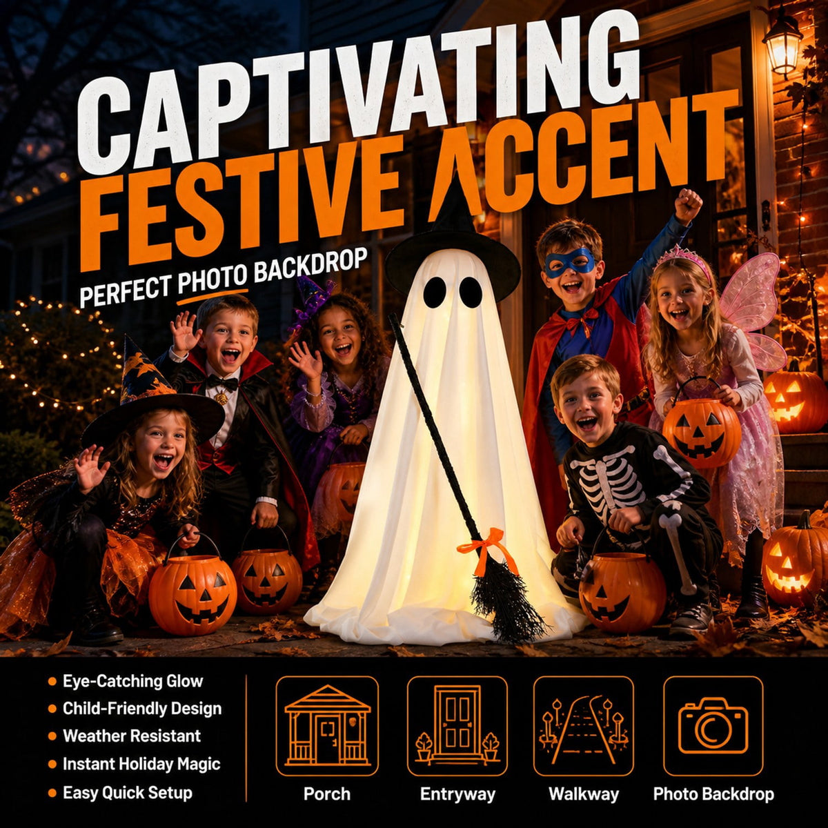 Standing Light Up Ghost with Witch Broom 40 In White 1 Pack