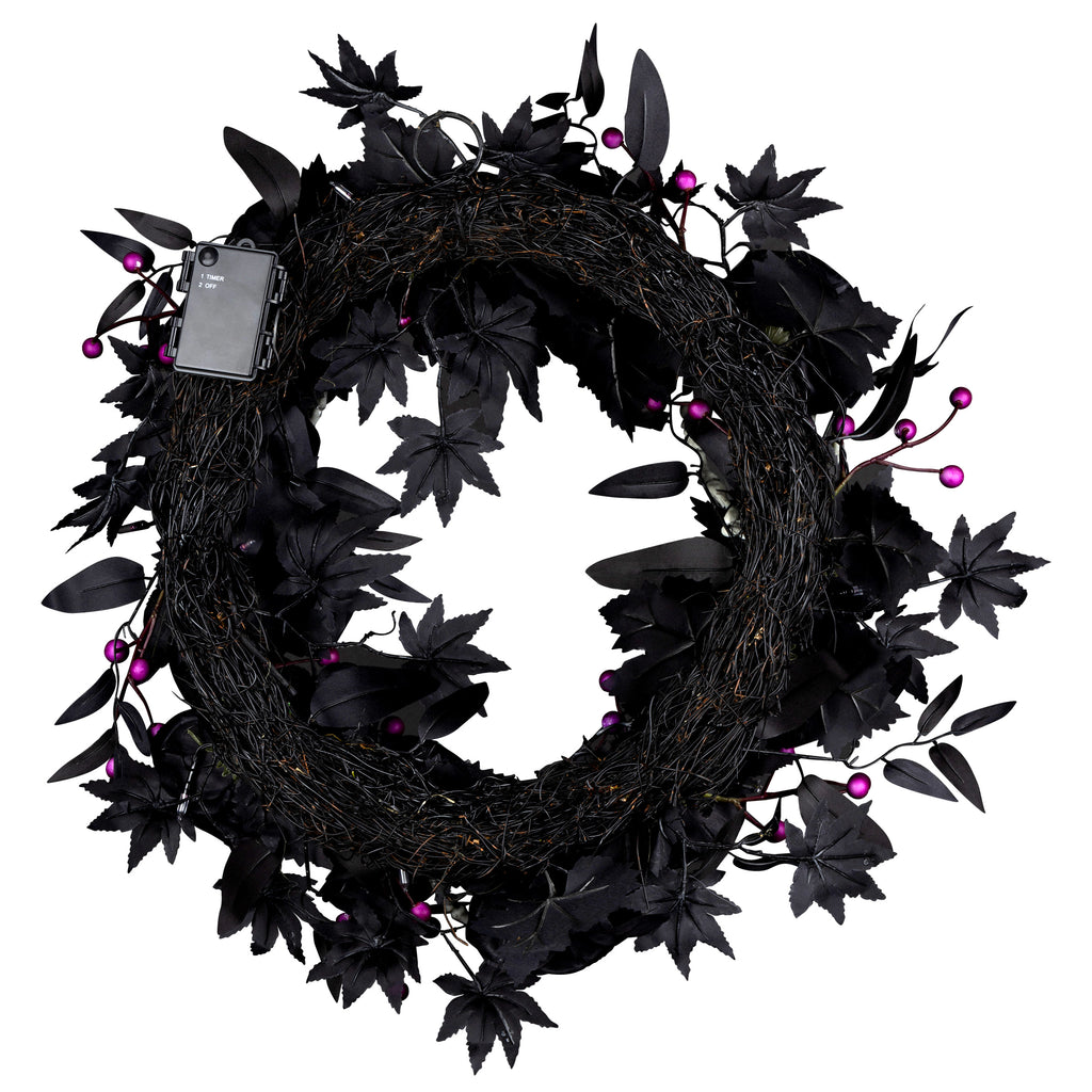 24 in. Artificial Bad to the Bone Halloween Wreath, 30 Purple LED Lights, Battery Operated, Timer