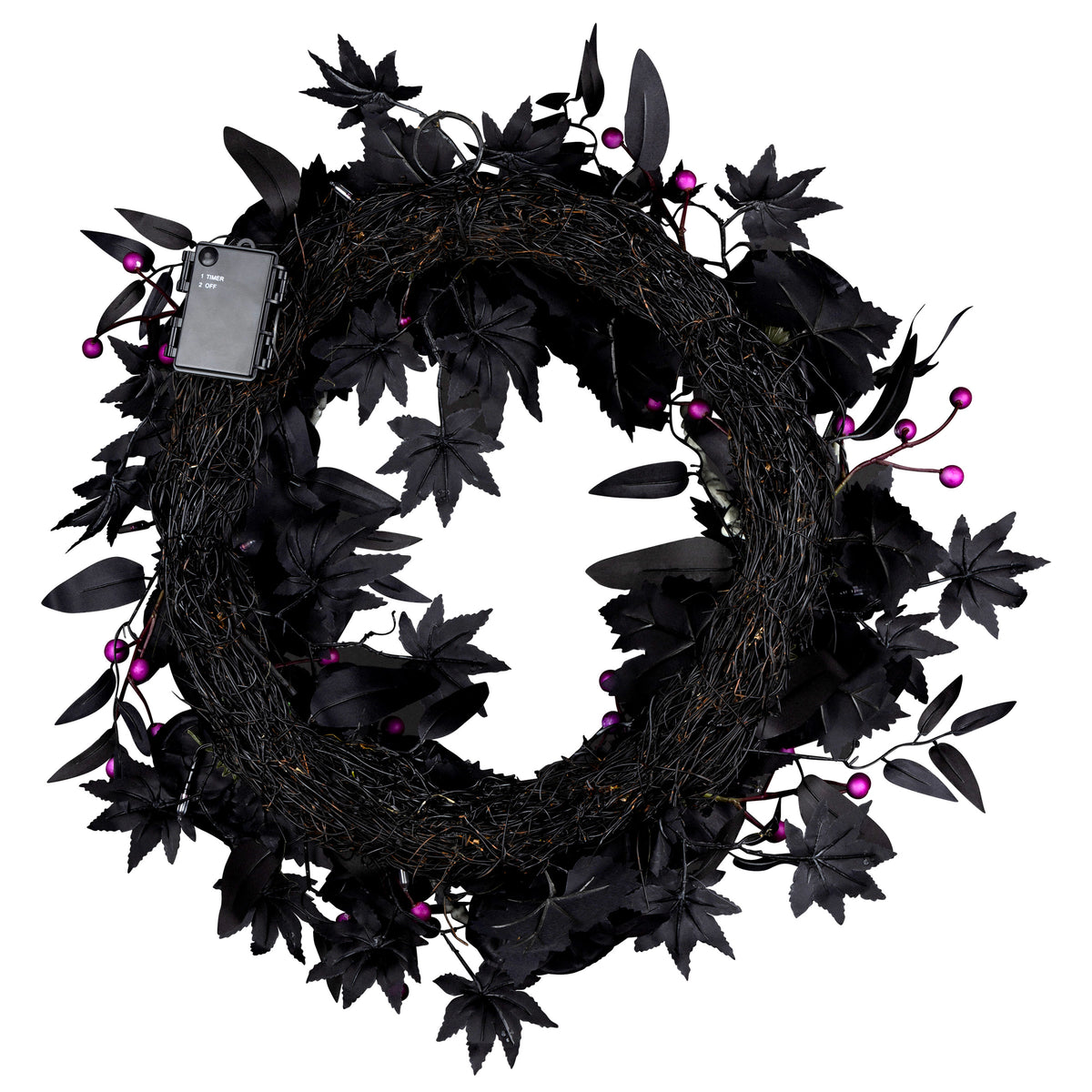 24 in. Artificial Bad to the Bone Halloween Wreath, 30 Purple LED Lights, Battery Operated, Timer