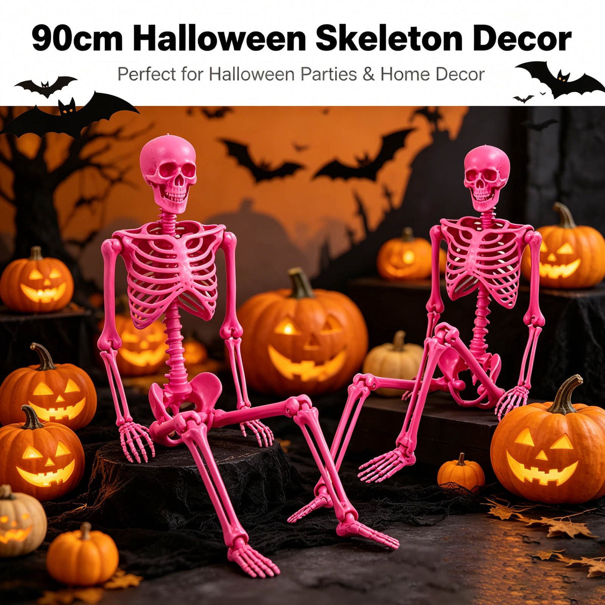 EverydayNest Halloween Posable Skeleton Figurine,35.4in Pink Desktop Ornament with Movable Joints,Spooky Party Decor for Haunted House Table Shelf Yard