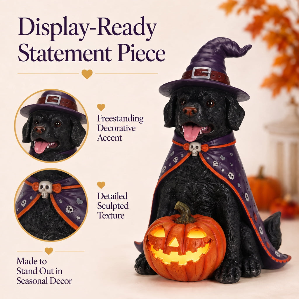 A7Store Halloween Golden Retrieve Dog Indoor Outdoor Porch Statue with Lighted Pumpkin, Pink Witch Hat and Cape