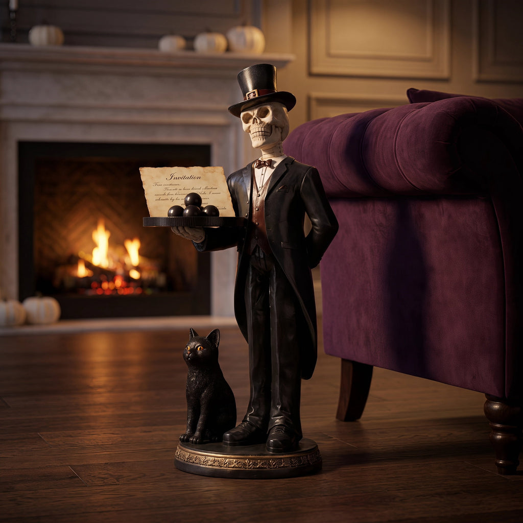 Halloween Skeleton Butler Floor Statue with Serving Tray & Realistic Black Cat, 35.43 Inch Gothic Resin Standing Decor for Entryway, Porch, Living Room, Halloween Party Home Decoration