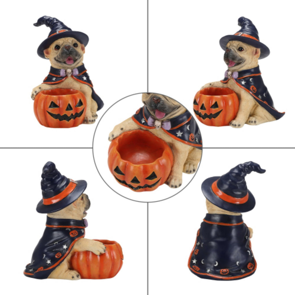 SpookHaven Halloween Jack‑O‑Lantern Pumpkin Mist Sprayer Figurine, LED Light‑Up Fogger with Witch Hat & Skull Decoration, Spooky Ornament for Tabletop Entryway Halloween Party Home Decor