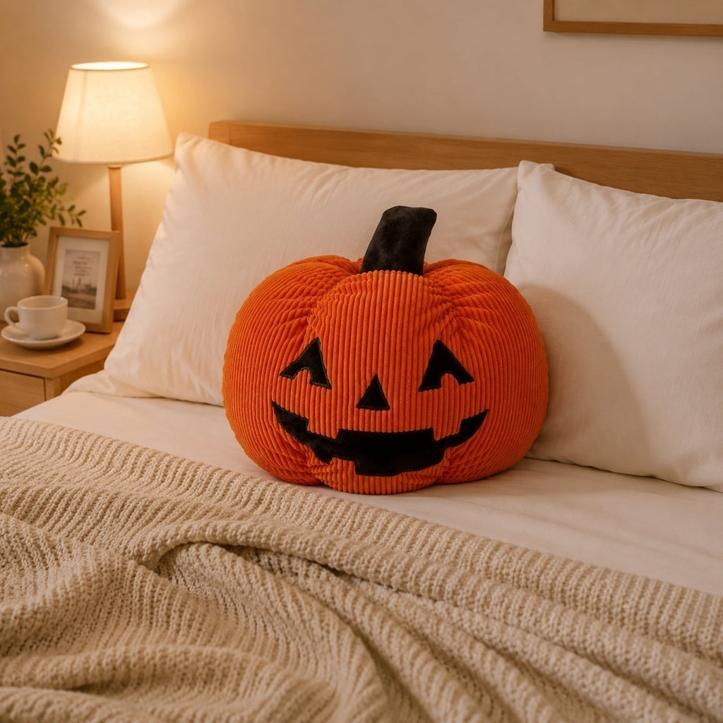 Corduroy Jack-o'-Lantern Throw Pillow, 11" Fabric Pumpkin Tabletop Mantel Shelf Fall Autumn Thanksgiving Halloween Decorations for Home, Terracotta Orange Corduroy