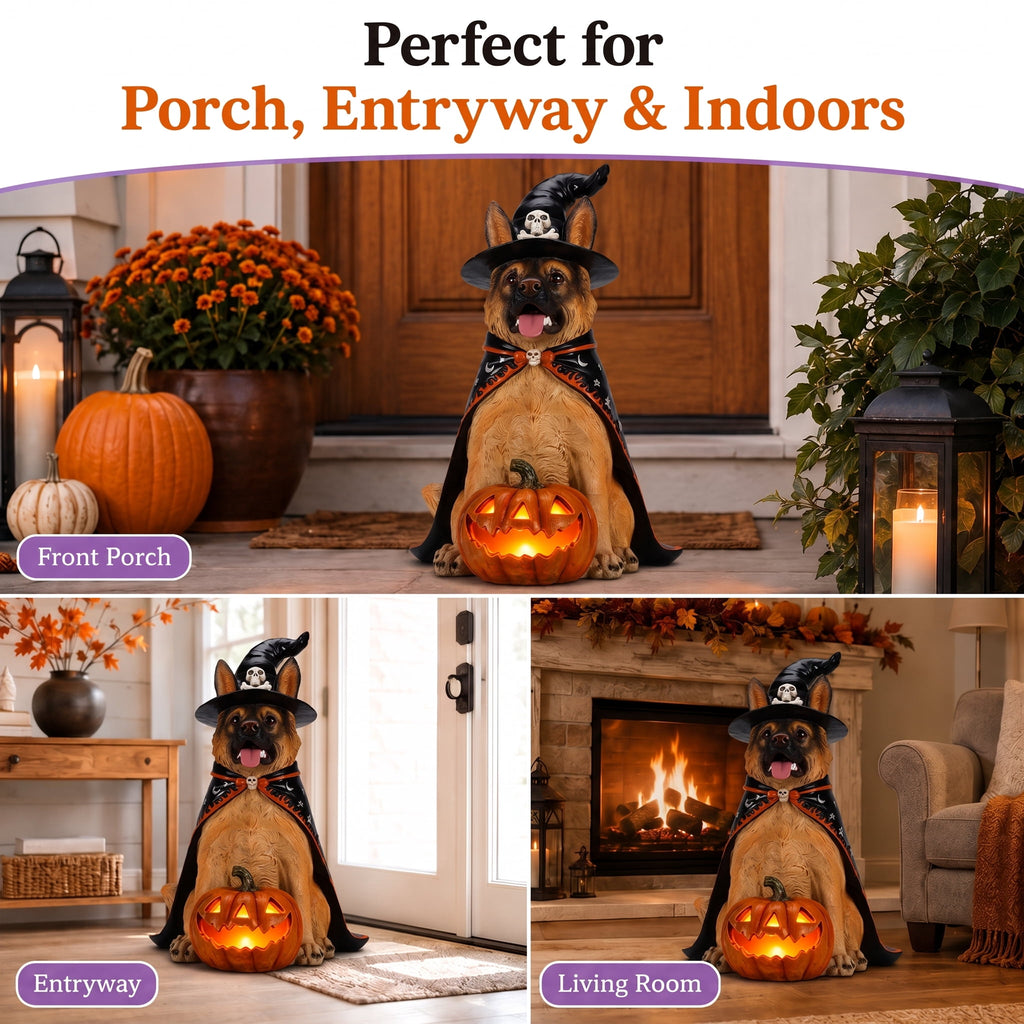 A7Store Halloween Golden Retrieve Dog Indoor Outdoor Porch Statue with Lighted Pumpkin, Pink Witch Hat and Cape