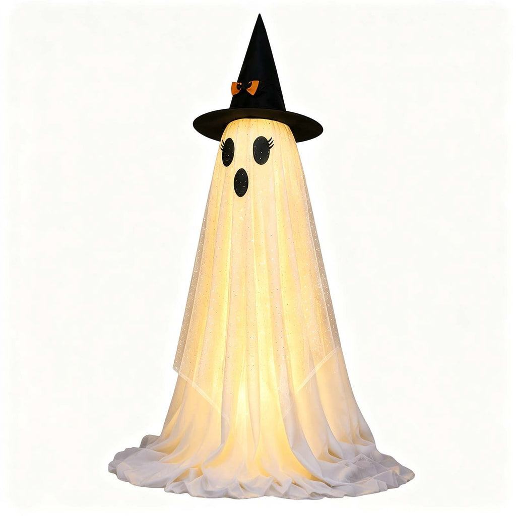 2 Pack Light Up Standing Tulle Ghost Halloween Decorations with Witch Hat, Warm LED Fairy Light Ghost Yard Stakes, Spooky Cute Ghost Outdoor Lawn Porch Mantel Home Halloween Party Decor
