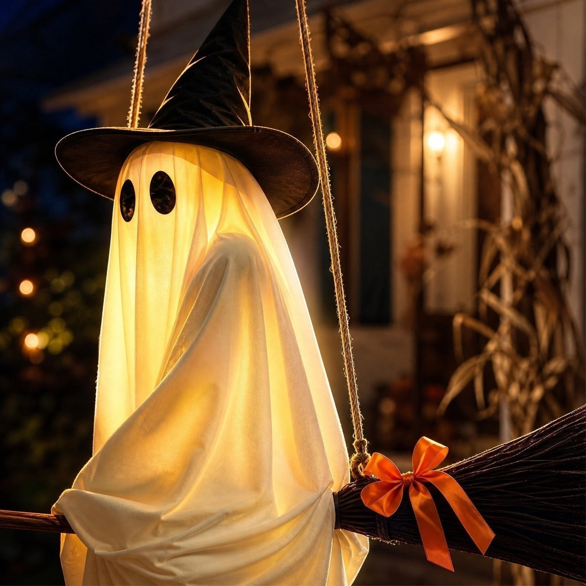 DIY Hanging Swing Ghost Halloween Decor, Flying Ghost on Broomstick with Witch Hat, Spooky Cute Outdoor Halloween Decorations for Front Porch Yard Tree, 3.61x4.33FT