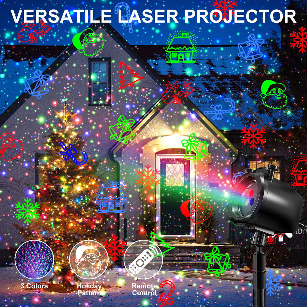 Christmas Laser Projector Lights Outdoor – RGB 3 Color Laser Light with 24 Patterns, IP65 Waterproof Starry Firefly Light Show for Garden Yard Holiday Party & Year-Round Decor