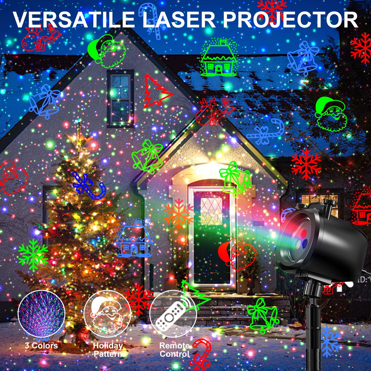 Christmas Laser Projector Lights Outdoor – RGB 3 Color Laser Light with 24 Patterns, IP65 Waterproof Starry Firefly Light Show for Garden Yard Holiday Party & Year-Round Decor