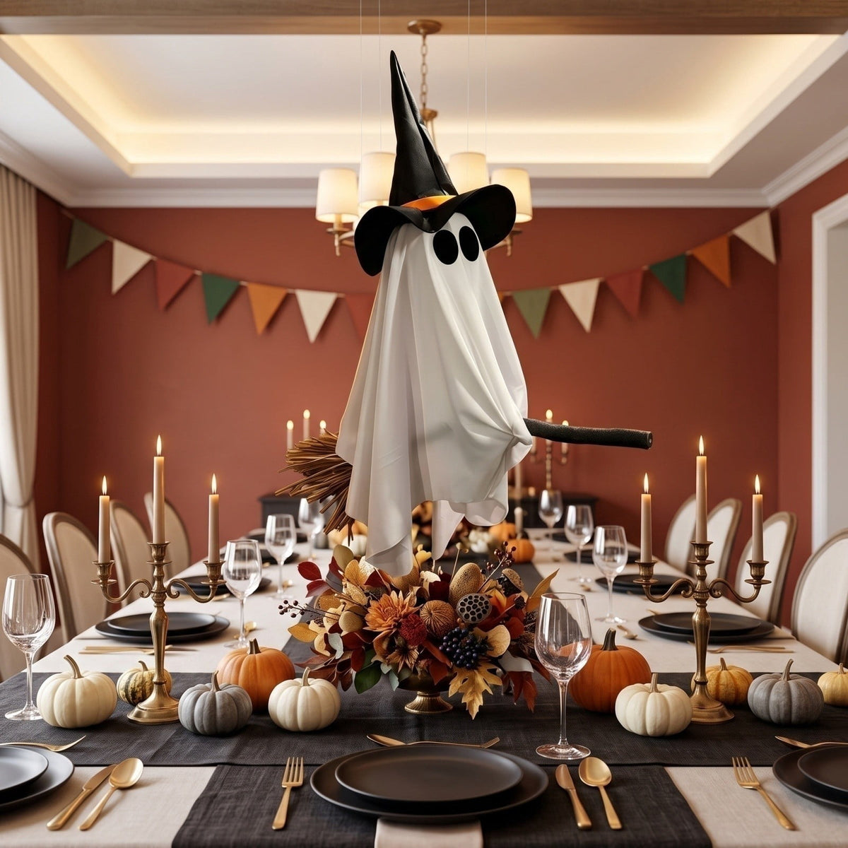 DIY Hanging Swing Ghost Halloween Decor, Flying Ghost on Broomstick with Witch Hat, Spooky Cute Outdoor Halloween Decorations for Front Porch Yard Tree, 3.61x4.33FT
