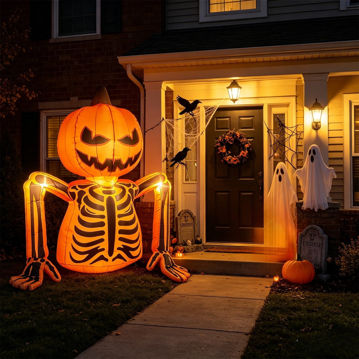 Halloween Inflatables Outdoor 6 Ft Pumpkin Skeleton Blow Up Yard Decoration with Built-in LED Lights Glowing Effect for Lawn Garden Holiday Party Display