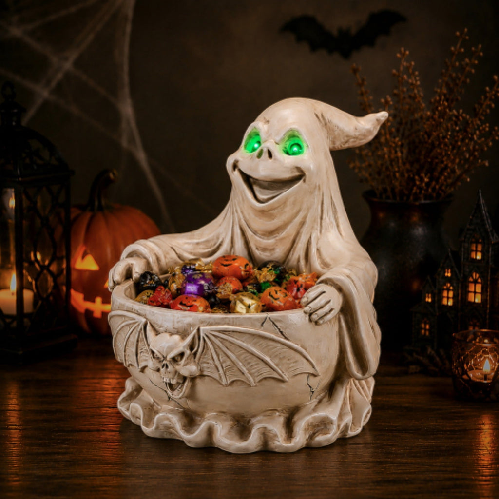 SpookHaven Halloween Jack‑O‑Lantern Pumpkin Mist Sprayer Figurine, LED Light‑Up Fogger with Witch Hat & Skull Decoration, Spooky Ornament for Tabletop Entryway Halloween Party Home Decor