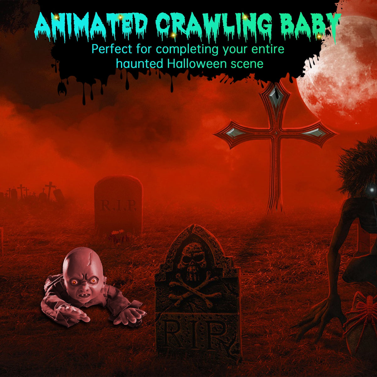 Yescom 15" Animated Halloween Tombstone & Half Skeleton with 8" Crawling Baby Zombie 2026